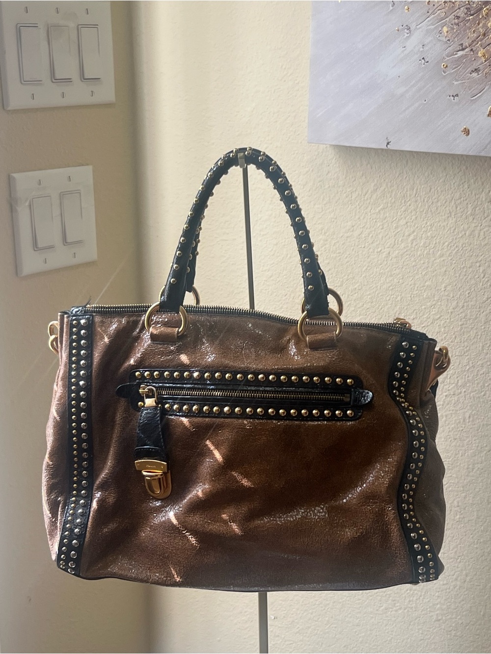Authentic Prada Stud-Trim Brown Leather Tote Bag - Picture 2 of 15